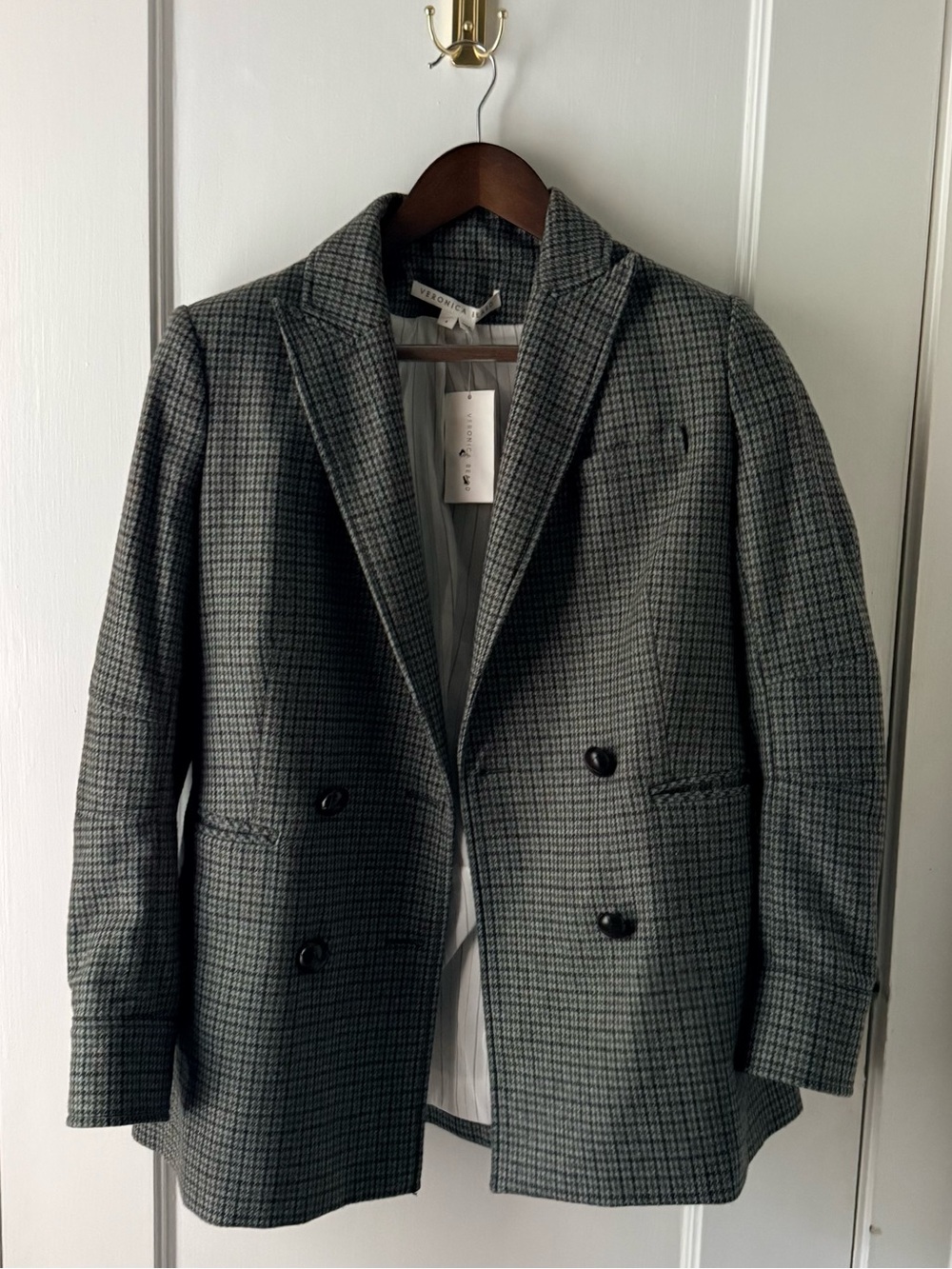 Veronica Beard Sage Green Wool-Blend Houndstooth Double-Breasted Blazer